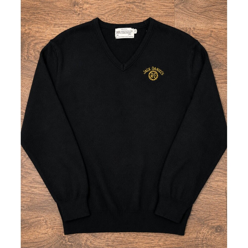 Vintage Jack Daniels Sweater Mens M USA Made Whiskey Logo V Neck Black 80s 90s